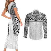 Samoan Traditional Art Tattoos Couples Matching Short Sleeve Bodycon Dress and Long Sleeve Button Shirt Tatau Tribal Motifs with Ula Nifo White - Polynesian Pride