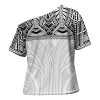 Samoan Traditional Art Tattoos Cross Shoulder Shirt Tatau Tribal Motifs with Ula Nifo White - Polynesian Pride