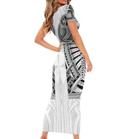 Samoan Traditional Art Tattoos Family Matching Short Sleeve Bodycon Dress and Hawaiian Shirt Tatau Tribal Motifs with Ula Nifo White - Polynesian Pride