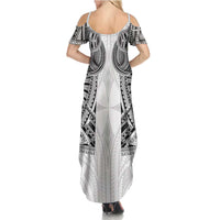 Samoan Traditional Art Tattoos Family Matching Summer Maxi Dress and Hawaiian Shirt Tatau Tribal Motifs with Ula Nifo White - Polynesian Pride
