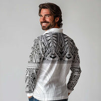 Samoan Traditional Art Tattoos Long Sleeve Polo Shirt Tatau Tribal Motifs with Ula Nifo White - Polynesian Pride