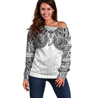 Samoan Traditional Art Tattoos Off Shoulder Sweater Tatau Tribal Motifs with Ula Nifo White - Polynesian Pride