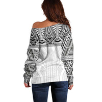 Samoan Traditional Art Tattoos Off Shoulder Sweater Tatau Tribal Motifs with Ula Nifo White - Polynesian Pride