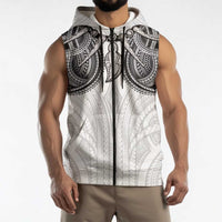 Samoan Traditional Art Tattoos Sleeveless Zip Hoodie Tatau Tribal Motifs with Ula Nifo White - Polynesian Pride
