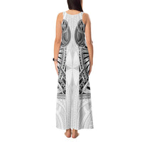 Samoan Traditional Art Tattoos Tank Maxi Dress Tatau Tribal Motifs with Ula Nifo White - Polynesian Pride