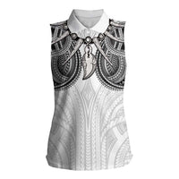 Samoan Traditional Art Tattoos Women Sleeveless Polo Shirt Tatau Tribal Motifs with Ula Nifo White - Polynesian Pride