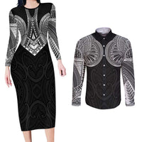 Samoan Traditional Art Tattoos Couples Matching Long Sleeve Bodycon Dress and Long Sleeve Button Shirt Tatau Roman Reigns Black Color - Polynesian Pride