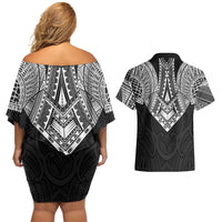 Samoan Traditional Art Tattoos Couples Matching Off Shoulder Short Dress and Hawaiian Shirt Tatau Roman Reigns Black Color - Polynesian Pride