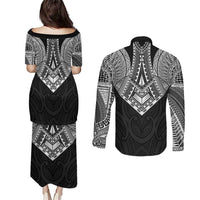 Samoan Traditional Art Tattoos Couples Matching Puletasi and Long Sleeve Button Shirt Tatau Roman Reigns Black Color - Polynesian Pride
