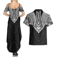 Samoan Traditional Art Tattoos Couples Matching Summer Maxi Dress and Hawaiian Shirt Tatau Roman Reigns Black Color - Polynesian Pride