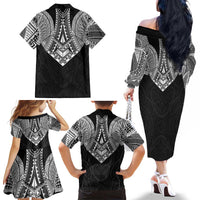 Samoan Traditional Art Tattoos Family Matching Off The Shoulder Long Sleeve Dress and Hawaiian Shirt Tatau Roman Reigns Black Color - Polynesian Pride