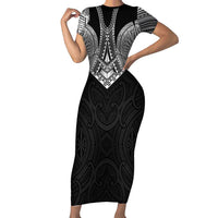 Samoan Traditional Art Tattoos Family Matching Short Sleeve Bodycon Dress and Hawaiian Shirt Tatau Roman Reigns Black Color - Polynesian Pride