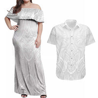 Samoan Traditional Art Tattoos Couples Matching Off Shoulder Maxi Dress and Hawaiian Shirt Tatau Roman Reigns White Color - Polynesian Pride