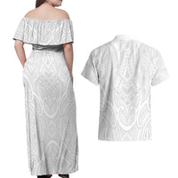 Samoan Traditional Art Tattoos Couples Matching Off Shoulder Maxi Dress and Hawaiian Shirt Tatau Roman Reigns White Color - Polynesian Pride