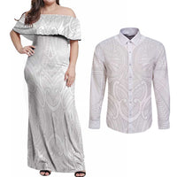 Samoan Traditional Art Tattoos Couples Matching Off Shoulder Maxi Dress and Long Sleeve Button Shirt Tatau Roman Reigns White Color - Polynesian Pride