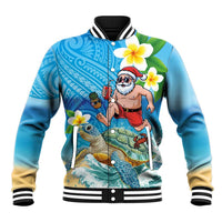 Polynesian Merry Christmas Baseball Jacket Funny Santa with Sea Turtle Beach Plumeria - Polynesian Pride