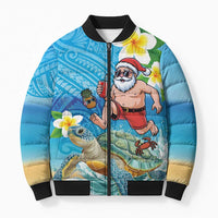 Polynesian Merry Christmas Bomber Puffer Jacket Funny Santa with Sea Turtle Beach Plumeria - Polynesian Pride