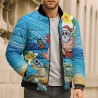 Polynesian Merry Christmas Bomber Puffer Jacket Funny Santa with Sea Turtle Beach Plumeria - Polynesian Pride