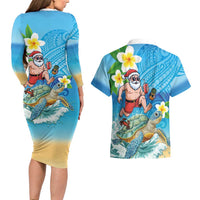 Polynesian Merry Christmas Couples Matching Long Sleeve Bodycon Dress and Hawaiian Shirt Funny Santa with Sea Turtle Beach Plumeria - Polynesian Pride