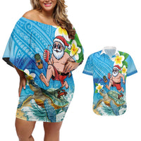 Polynesian Merry Christmas Couples Matching Off Shoulder Short Dress and Hawaiian Shirt Funny Santa with Sea Turtle Beach Plumeria - Polynesian Pride