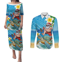 Polynesian Merry Christmas Couples Matching Puletasi and Long Sleeve Button Shirt Funny Santa with Sea Turtle Beach Plumeria - Polynesian Pride