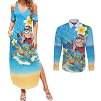 Polynesian Merry Christmas Couples Matching Summer Maxi Dress and Long Sleeve Button Shirt Funny Santa with Sea Turtle Beach Plumeria - Polynesian Pride