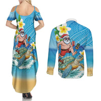 Polynesian Merry Christmas Couples Matching Summer Maxi Dress and Long Sleeve Button Shirt Funny Santa with Sea Turtle Beach Plumeria - Polynesian Pride