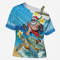 Polynesian Merry Christmas Cross Shoulder Shirt Funny Santa with Sea Turtle Beach Plumeria LT03 Female Multicolor - Polynesian Pride