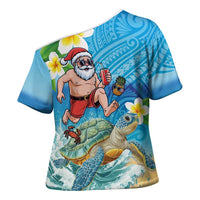 Polynesian Merry Christmas Cross Shoulder Shirt Funny Santa with Sea Turtle Beach Plumeria LT03 - Polynesian Pride
