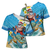 Polynesian Merry Christmas Cross Shoulder Shirt Funny Santa with Sea Turtle Beach Plumeria LT03 - Polynesian Pride