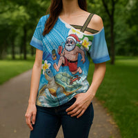 Polynesian Merry Christmas Cross Shoulder Shirt Funny Santa with Sea Turtle Beach Plumeria LT03 - Polynesian Pride