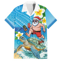 Polynesian Merry Christmas Family Matching Off Shoulder Short Dress and Hawaiian Shirt Funny Santa with Sea Turtle Beach Plumeria - Polynesian Pride