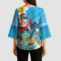 Polynesian Merry Christmas Kimono Sleeve Blouse Funny Santa with Sea Turtle Beach Plumeria - Polynesian Pride