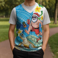 Polynesian Merry Christmas Knitted V-Neck Vest Funny Santa with Sea Turtle on Beach and Plumeria - Polynesian Pride