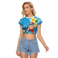 Polynesian Merry Christmas Raglan Cropped T Shirt Funny Santa with Sea Turtle Beach Plumeria LT03 Female Multicolor - Polynesian Pride