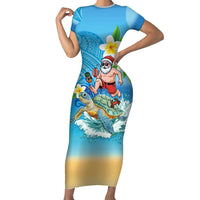 Polynesian Merry Christmas Short Sleeve Bodycon Dress Funny Santa with Sea Turtle Beach Plumeria LT03 Long Dress Multicolor - Polynesian Pride