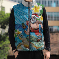 Polynesian Merry Christmas Sleeveless Puffer Jacket Funny Santa with Sea Turtle Beach Plumeria - Polynesian Pride