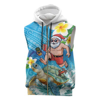Polynesian Merry Christmas Sleeveless Zip Hoodie Funny Santa with Sea Turtle Beach Plumeria LT03 Multicolor - Polynesian Pride
