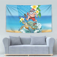 Polynesian Merry Christmas Tapestry Funny Santa with Sea Turtle Beach Plumeria - Polynesian Pride