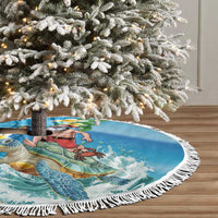 Polynesian Merry Christmas Tree Skirt Funny Santa with Sea Turtle on Beach and Plumeria - Polynesian Pride