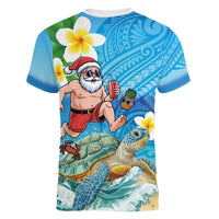 Polynesian Merry Christmas Women V-Neck T-Shirt Funny Santa with Sea Turtle Beach Plumeria LT03 - Polynesian Pride