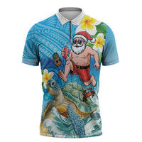 Polynesian Merry Christmas Zipper Polo Shirt Funny Santa with Sea Turtle Beach Plumeria - Polynesian Pride