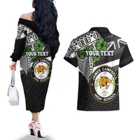 Hawaii James Campbell High School Couples Matching Off The Shoulder Long Sleeve Dress and Hawaiian Shirt Kakau Pattern Black Version LT03 - Polynesian Pride