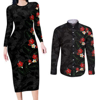 Hawaiian Taro Leaves-Hibiscus and Plumeria Couples Matching Long Sleeve Bodycon Dress and Long Sleeve Button Shirt Floral Tribal Tattoo Motif