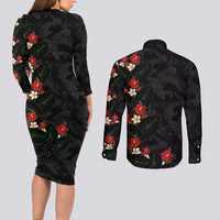 Hawaiian Taro Leaves-Hibiscus and Plumeria Couples Matching Long Sleeve Bodycon Dress and Long Sleeve Button Shirt Floral Tribal Tattoo Motif