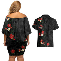Hawaiian Taro Leaves-Hibiscus and Plumeria Couples Matching Off Shoulder Short Dress and Hawaiian Shirt Floral Tribal Tattoo Motif