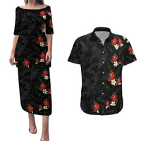 Hawaiian Taro Leaves-Hibiscus and Plumeria Couples Matching Puletasi and Hawaiian Shirt Floral Tribal Tattoo Motif