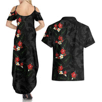 Hawaiian Taro Leaves-Hibiscus and Plumeria Couples Matching Summer Maxi Dress and Hawaiian Shirt Floral Tribal Tattoo Motif