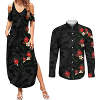Hawaiian Taro Leaves-Hibiscus and Plumeria Couples Matching Summer Maxi Dress and Long Sleeve Button Shirt Floral Tribal Tattoo Motif