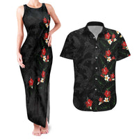 Hawaiian Taro Leaves-Hibiscus and Plumeria Couples Matching Tank Maxi Dress and Hawaiian Shirt Floral Tribal Tattoo Motif